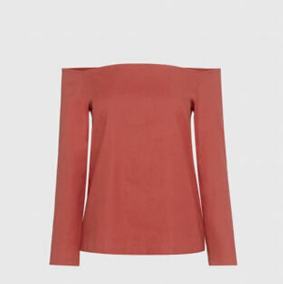 Theory Aprine New Stretch Linen Off the Shoulder Top in Carmine Red P (00-0) - Picture 7 of 16